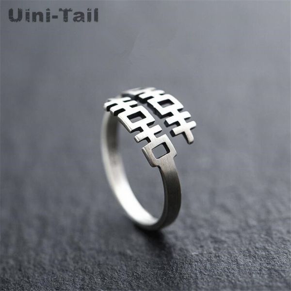 

uini-tail new 925 sterling silver chinese national style double happiness ring simple fresh creative brushed open word ring, Slivery;golden