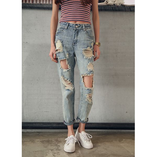 

blue ripped holes distressed boyfriend ankle-length women denim jeans summer casual plain straight leg pants female trousers