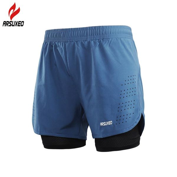 

arsuxeo 2-in-1 men's running shorts with waist rope quick dry zipper pocket marathon sports fitness gym shorts with long linner t200414, White;black