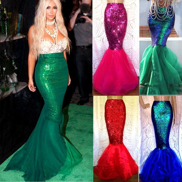 

women sequin mermaid skirt costume fancy party cocktail long maxi skirts mermaid tail party evening vestido 4 colors, Black;gray