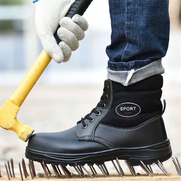 

winter plush men steel toe cap work safety shoes autumn genuine leather puncture proof indestructible industrial boots male, Black