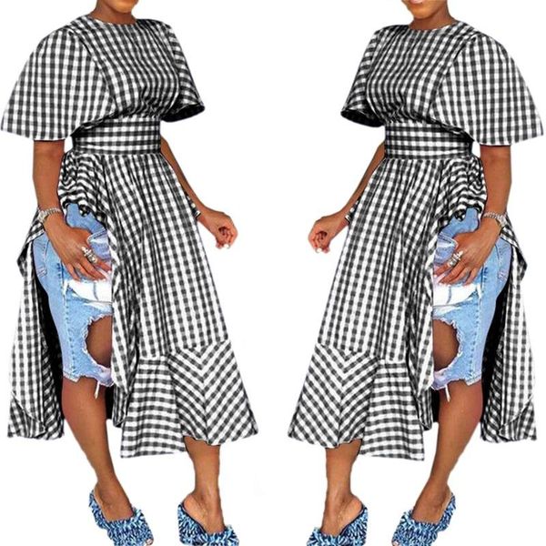 

summer ruffle dress women clothing casual split plaid o-neck short sleeve high waist club party t-shirt dresses plus size s-3xl, Black;gray