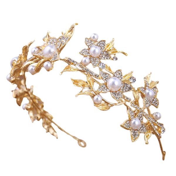 

fashion rhinestone imitation pearl flower gold wedding bridal tiara headband women's dance party soft head jewelry accessories, Golden;white