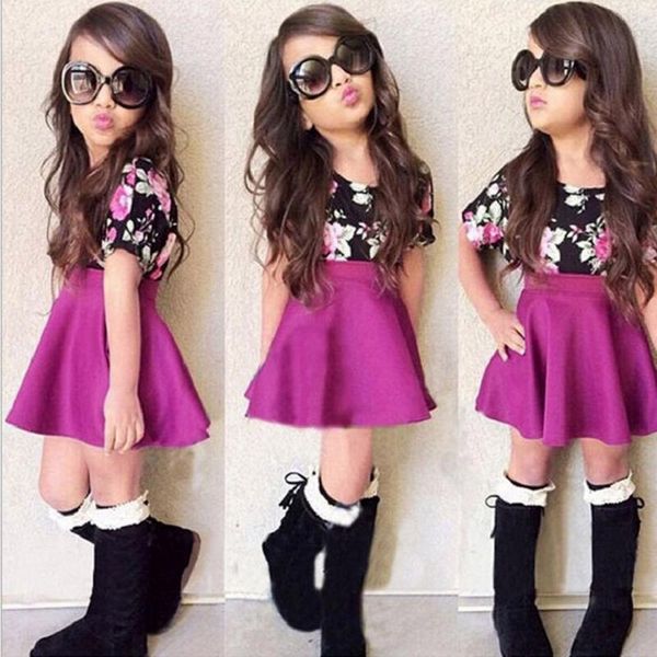 

toddler kids baby girls clothes set summer floral print +solid tutu skirts short sleeve t-shirt mini skirt outfits set, White