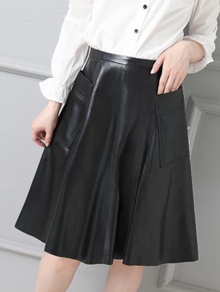 

2019 women slim genuine sheep leather skirt p20, Black