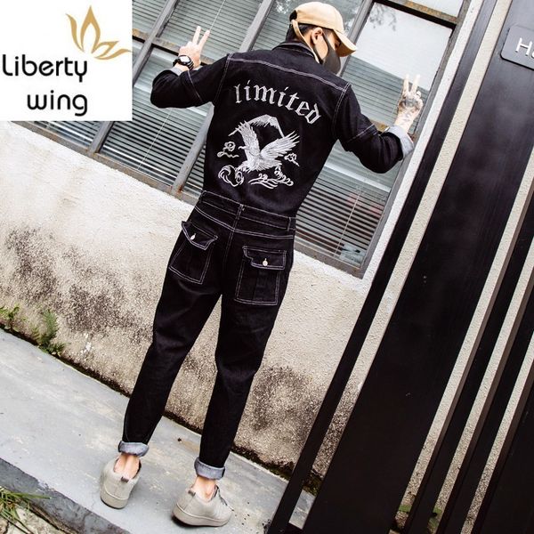 

harajuku mens one piece denim jumpsuit hawk embroidery jeans bib overall streetwear zipper sleeve suit long cargo pants pockets, Blue