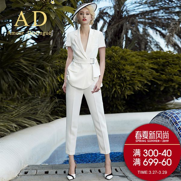 

women's office suits set professional female business lady suit plus size white waist belt blazer pant tailor 2019 ship, White;black