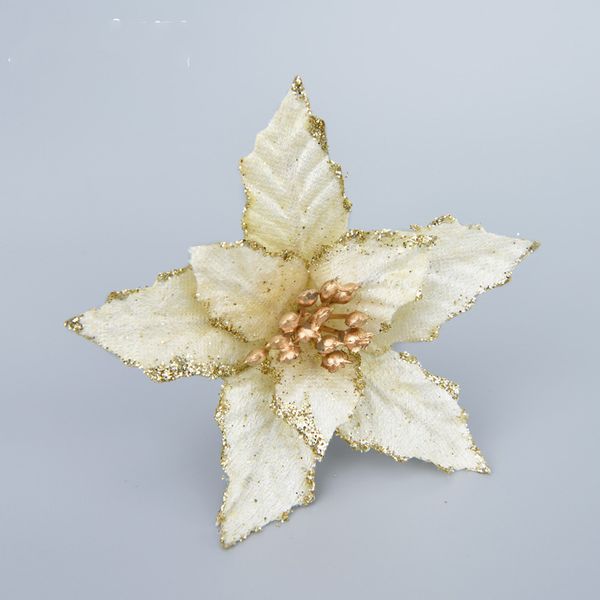 

5pcs diy cuttings artificial flower golden glitter poinsettia home ornament festivals christmas tree decor party supplies