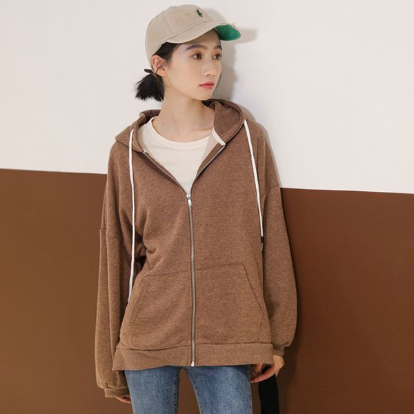 

women's long sleeve zipper hoodie sweatshirt coat pocket tunic top, Black;brown