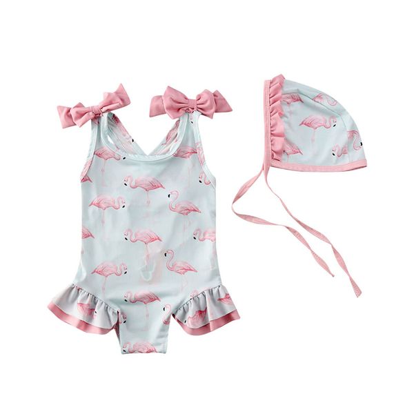 

2020 kids swimsuit bathing baby girl romper bikini swimming costume romper+hat set sweet bowknot pool beachwear flamingo pattern, White