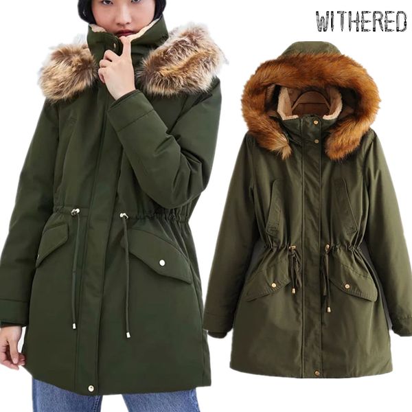 

withered winter army vintage parka coat women england bts high street solid cargo drawstring thick warm hooded long coat women, Black