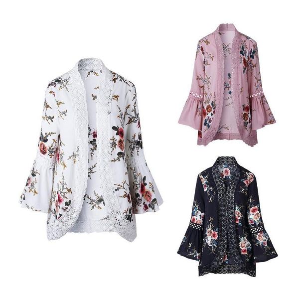 

summer women lace flare sleeve floral print cardigan elegant hollow out sweaters coat cover up patch work beachwear, White;black