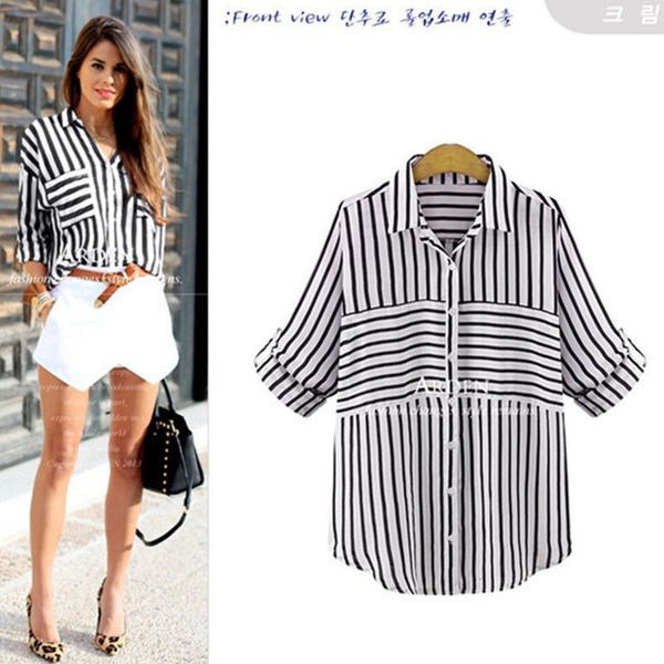 

2019 women's wear stripe navy wind lapel single row buckle shirt, Red;white