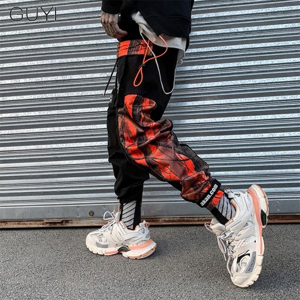 

guyi letter branch print retro cargo hip hop pants for men patchwork streetwear harem casual pants joggers trousers sweatpants, Black