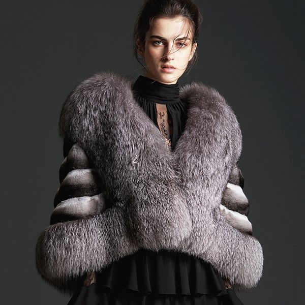 

sju product chinchilla fur 2018 silver fox cape cape fur coat short female celebrity party necessary, Black