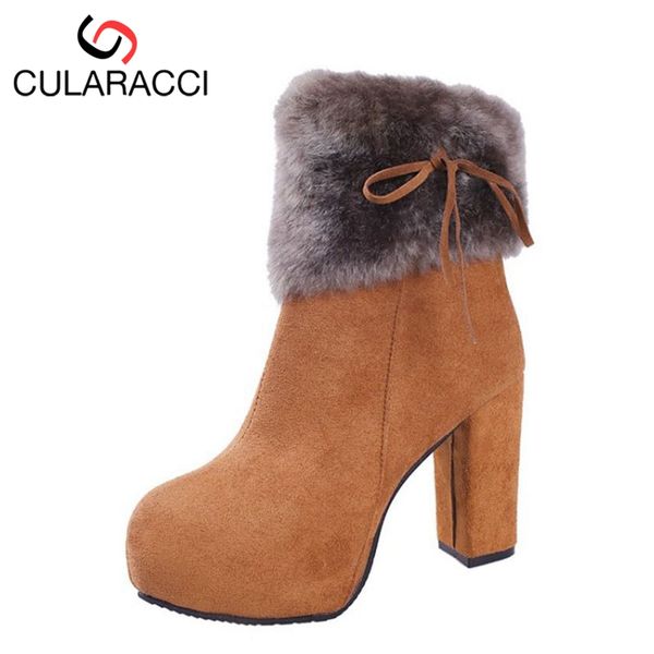 

cularacci women high heel boots side zipper fur shoes thick heels female platform short botas fashion footwear size 35-39, Black