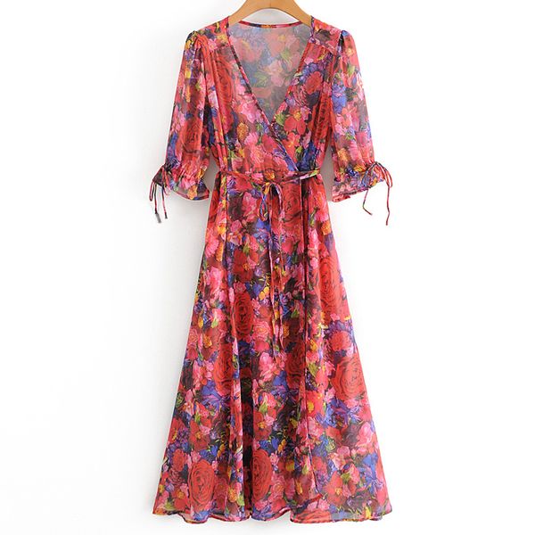 

agong vintage v neck dresses women fashion floral printed bow dress women elegant half sleeve long dresses female ladies ey, White;black