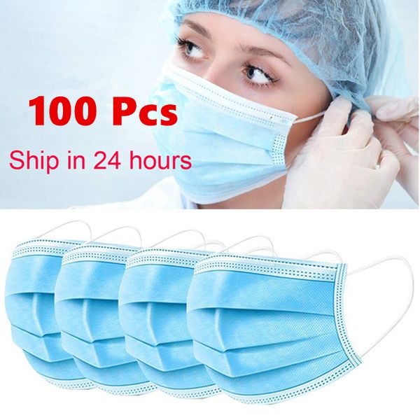 

dhl 100pcs mask disposable 3 layers filter dustproof earloop non woven mouth masks 360 ° folding civil masks blue face mask