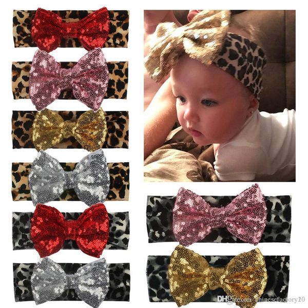 

new baby girls leopard headbands sequins bow toddler pgraph hairband big bowknot boutique 2019 fashion designer headbands, Slivery;white
