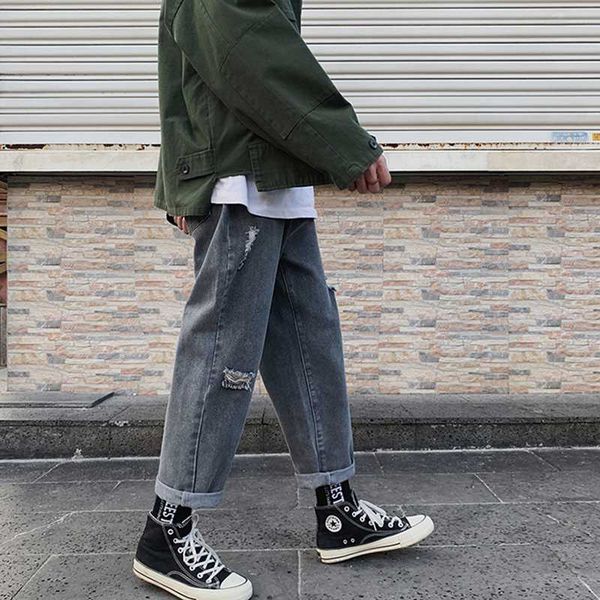 

2020 men stylish ripped jeans pants men's baggy style denim pants slim straight frayed trousers, Blue