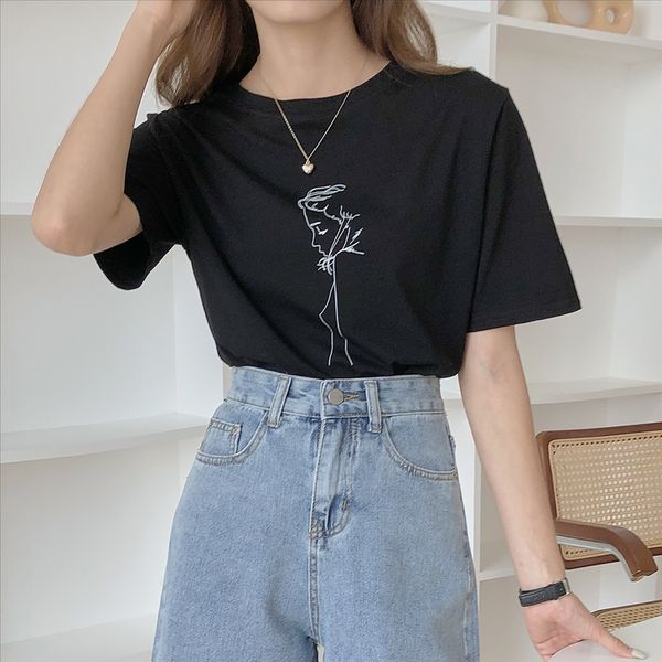 

oufan 7297 short-sleeved t-shirt female 2020 summer clothes female student all-match printed round collar top, White