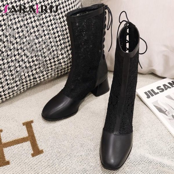 

sarairis fashion female summe boots lace square toe lace up high heel mid calf boots women casual office shoes woman, Black