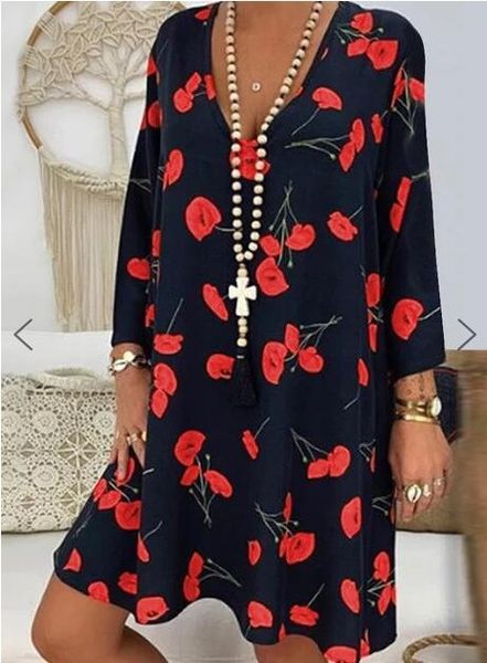 

women spring boho dress long sleeve floral print v neck beach dress tunic sundress loose mini party vestidos plus size 5xl, Black;gray