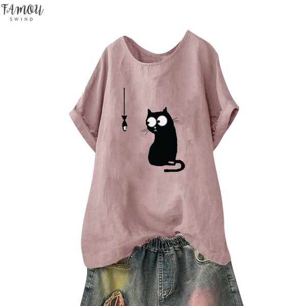 

women shirts loose cat print plus size casual beach vintage funny o neck pink trend elegant summer blouse shirts, White