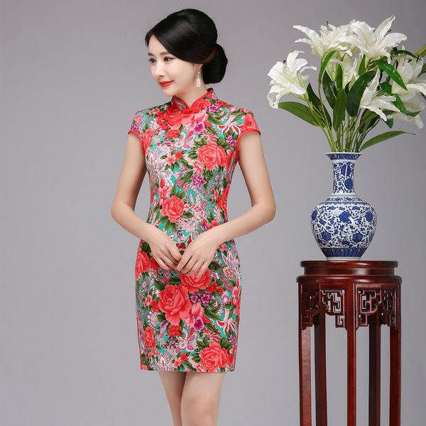 

новое прибытие женщин тонкий хлопок qipao китайский классические платья мандарин воротник vestidos элегантный крупногабаритные цветок cheong, Red