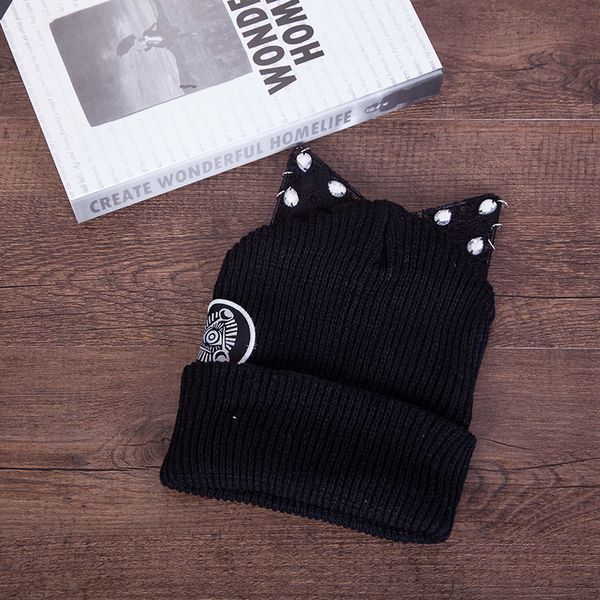 

new cotton cat ear cute keep warm hand knitted hat lace rhinestone hoop cat ears knitting hat ma'am pullover wool hats, Blue;gray