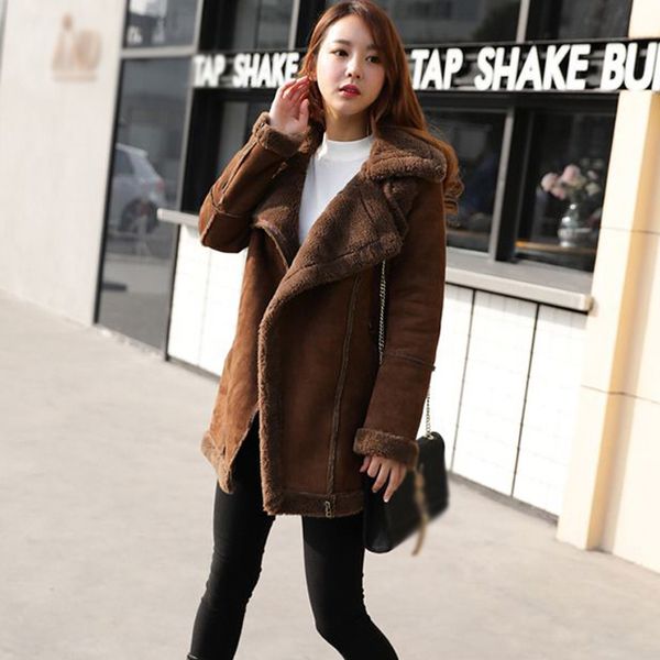 

medium long 2017 winter women faux lambs wool coat female thick warm shearling coats faux suede leather jackets s-3xl h036, Black