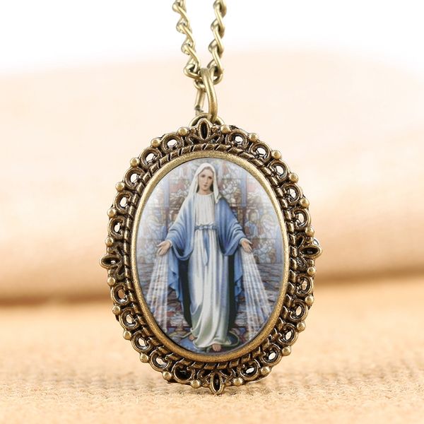 

retro catholic blessed virgin mary quartz pocket watch bronze souvenir pendant necklace clock gifts for men women drop shipping, Slivery;golden