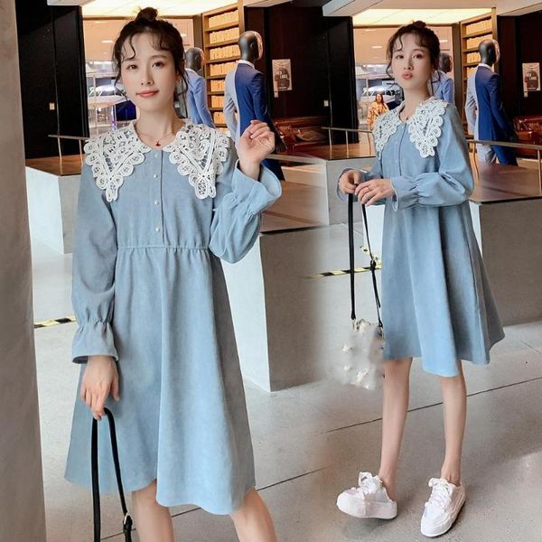 

maternity dresses blue chiffon dress spring thin belt waist corduroy breastfeeding clothes, White