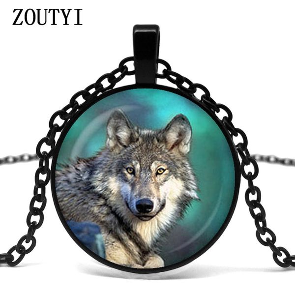 

2018/crafts necklace retro wolf pendant necklace silver-plated chain glass cabochon necklace