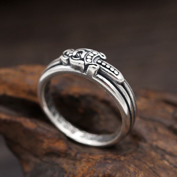 

kol 925 sterling silver designer jewelry vintage american european hand-made designer antique silver sword band ring k5828
