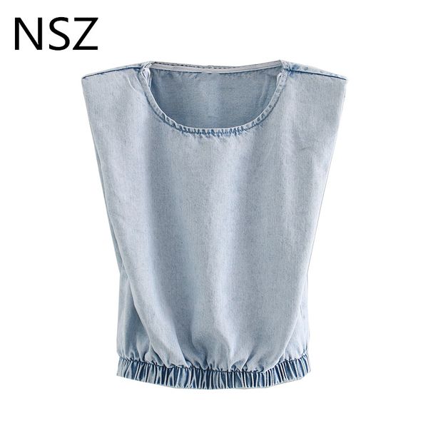 

nsz women oversize denim crop blouse with pad jeans cropped shirt sleeveless summer tank party blusa camisa, White