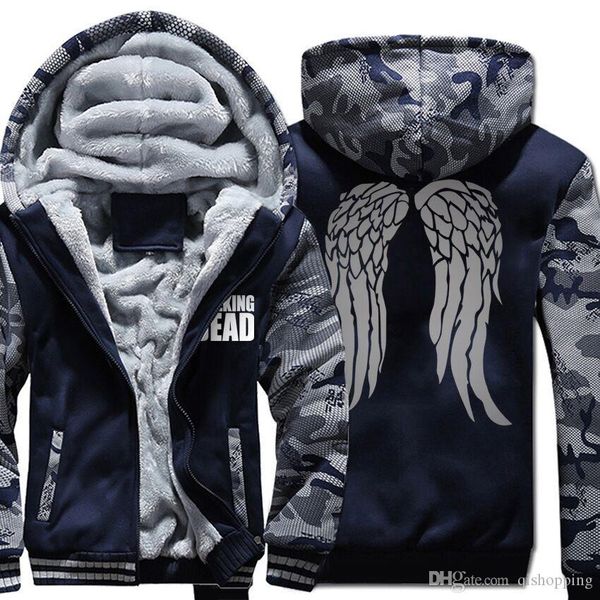

the walking dead wings hoodie camouflage coat cardigan coat winter thicken fleece cotton coat cashmere hoodie zipper jacket us eu size, Blue;black