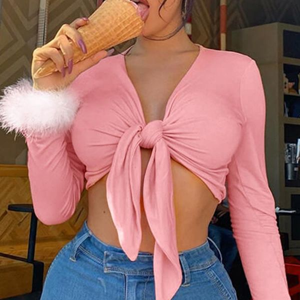 

pink v-neck women shirt front bandgae lace up long sleeve patchwork feathers cute cropped skinny fall short wh, White