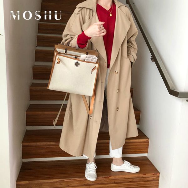 

trench women office ladies long coat classical lapel double breasted loose long windbreaker korea style chic outwear trench, Tan;black