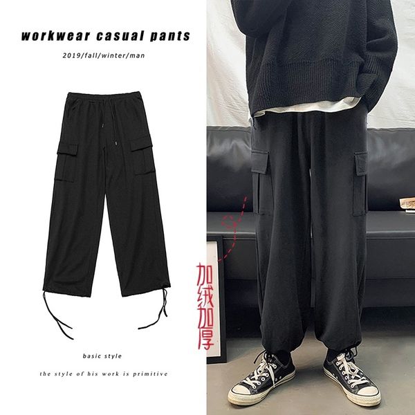 

thicken overalls men's fashion solid color casual multi-pocket tooling trousers man streetwear wild hip-hop loose straight pants, Black