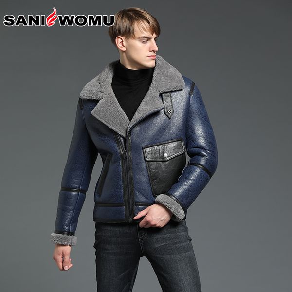 

sheepskin fur shearling overcoat for man short b3 bomber coat retro outerwear warm classic genuine leather coat, Black