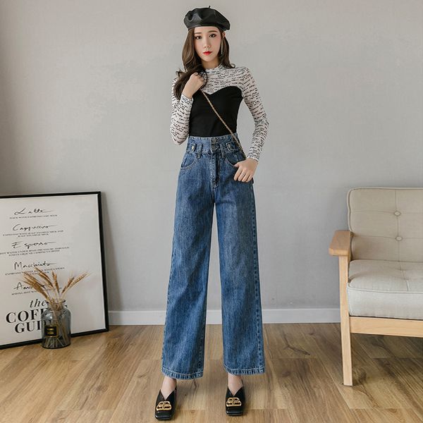 

wind wide-legged pants cowboy girl autumn new easing drag straight tube pants show thin vertical feeling restoring ancient ways, Blue