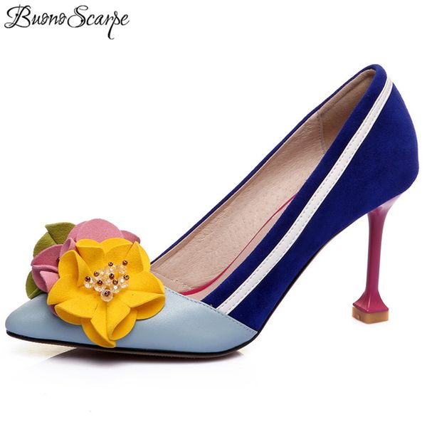 

buono scarpe new women fashion cute flowers party wedding shoes woman thin high heels basic pumps pointed toe prom pumps shoes, Black;white