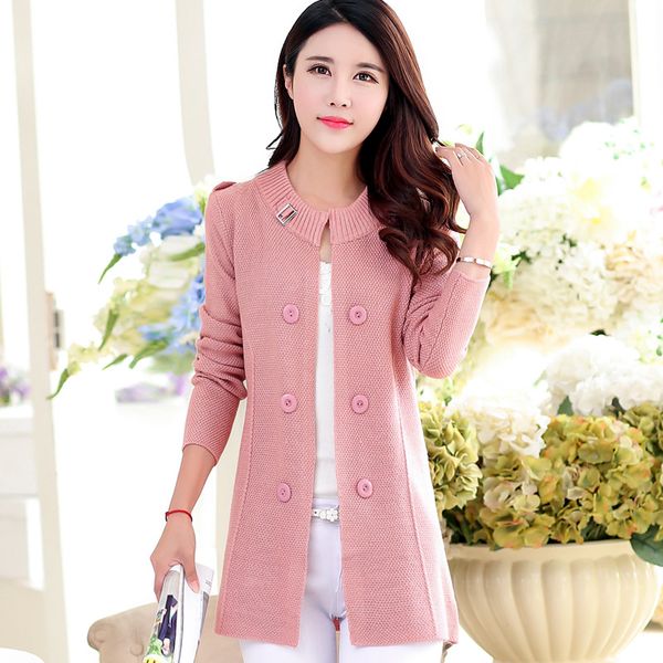 

2019 women spring autumn knitting sweater mid-length solid fashion cardigan double-breasted plus size ladies clothes pull femme, White