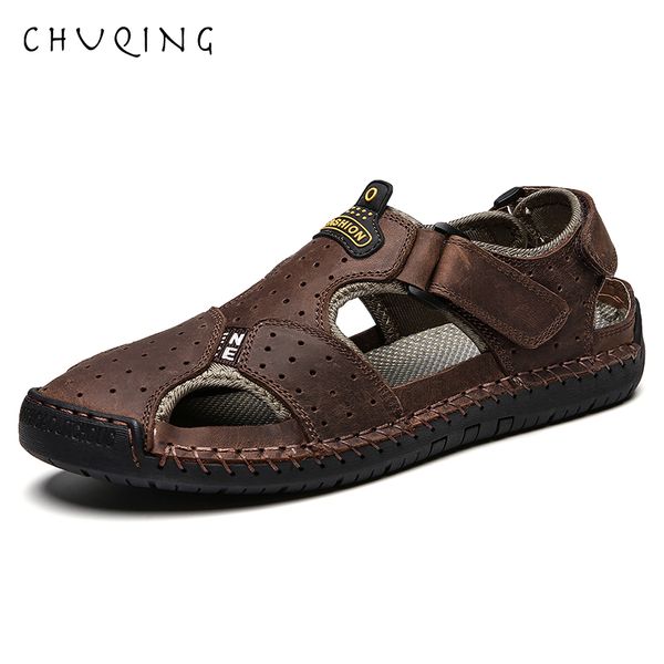 

chuqing men sandals genuine leather cowhide men sandals summer quality beach slippers outdoor beach shoes casual sneakers, Black