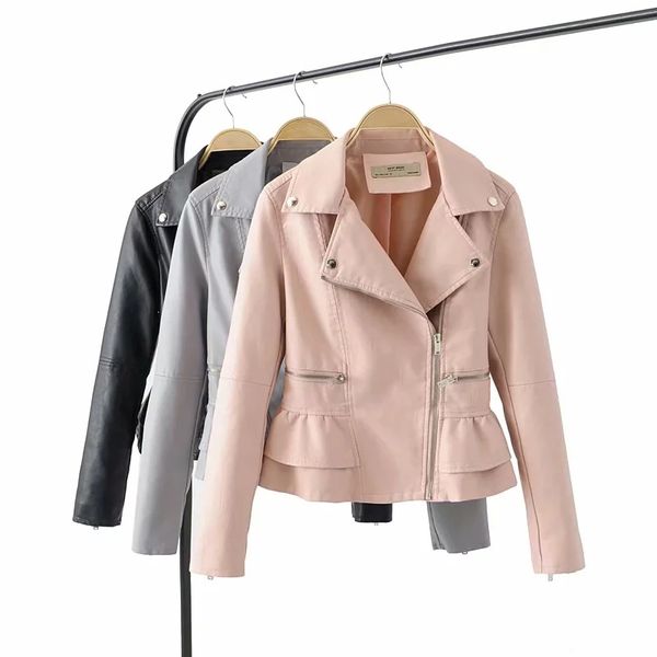 

streetwear motorcycle pu leather jacket women winter autumn 2019 new casual pockets turn down collar coat zipper outerwear, Black