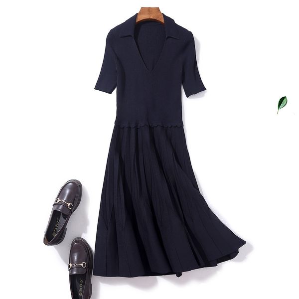 

womens designer hepburn style modern autumn knit waist pleated lapel slim dressj36w, Black;gray