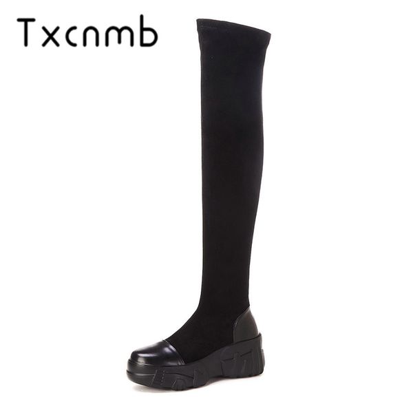 

txcnmb 2019 women over the knee high boots platforms wedding party shoes woman brand stretch tight high boots, Black
