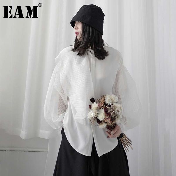 

eam] women white perspective split blouse new lapel long lantern sleeve loose fit shirt fashion tide spring summer 2020 1w303
