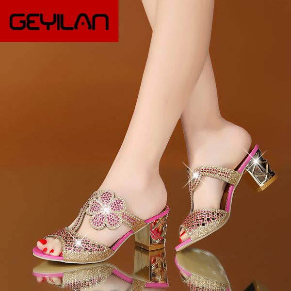 

women fashion high heels slipper peep toe hollow out crystals party shoes woman summer slip on beach flip flops, Black